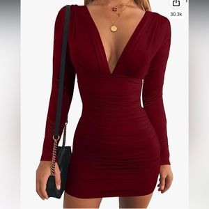Amazon Women’s Sexy Long Sleeve V Neck Ruched Bodycon Mini Party Cocktail Dress